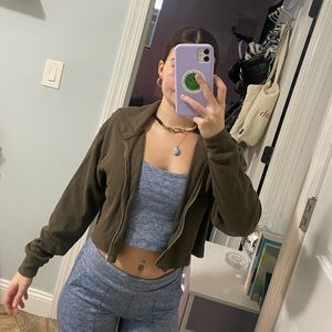 Cropped Green Zip Up Hoodie